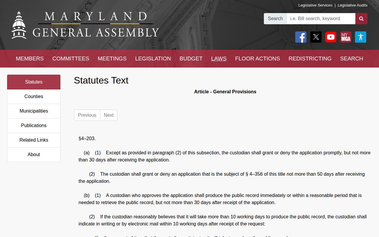 Maryland General Provisions Section 4-203 response timing for public records