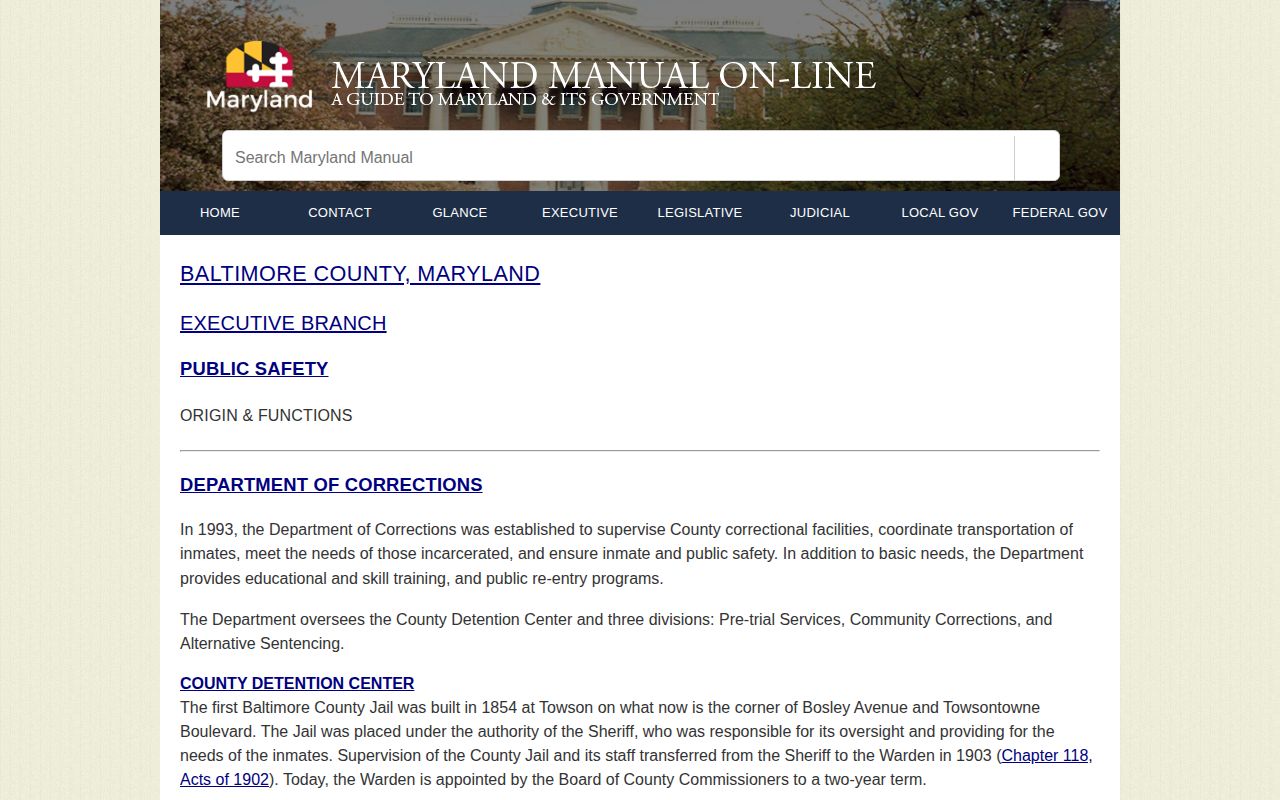 Maryland State Archives history of Baltimore County corrections and public safety