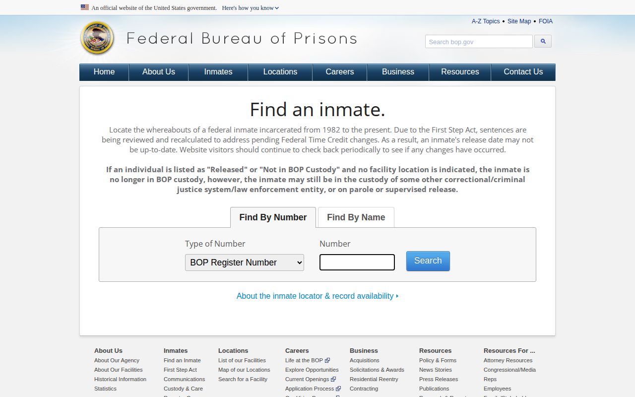 Federal Bureau of Prisons locator showing released-person search context