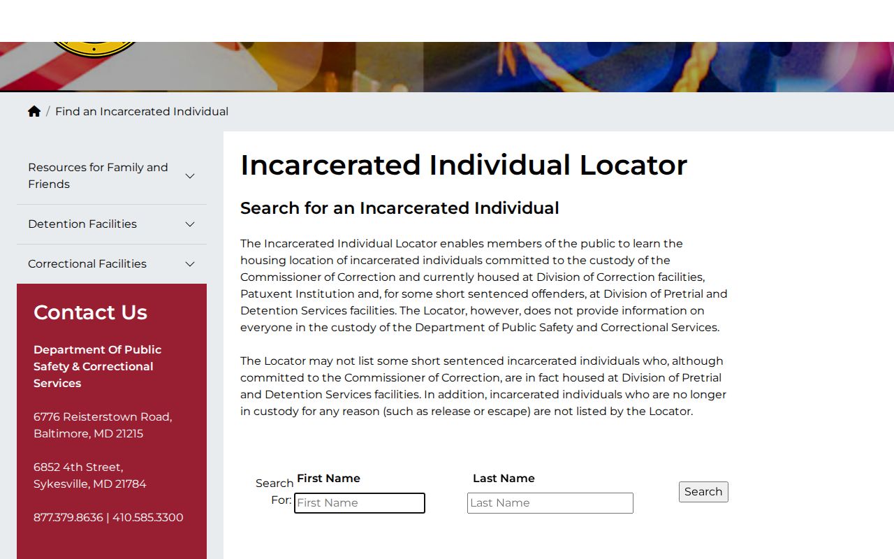 Maryland DPSCS incarcerated individual locator scope for Baltimore County searches