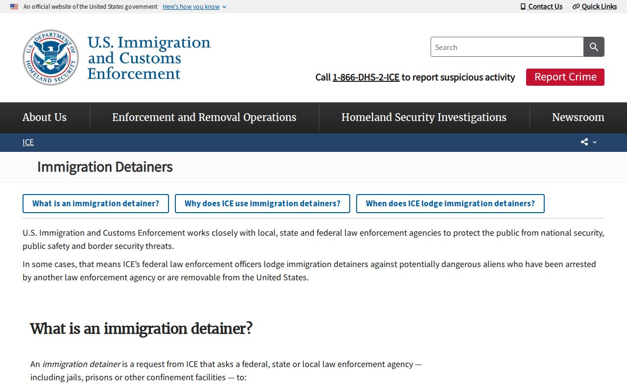 ICE explanation of immigration detainers affecting Baltimore County releases
